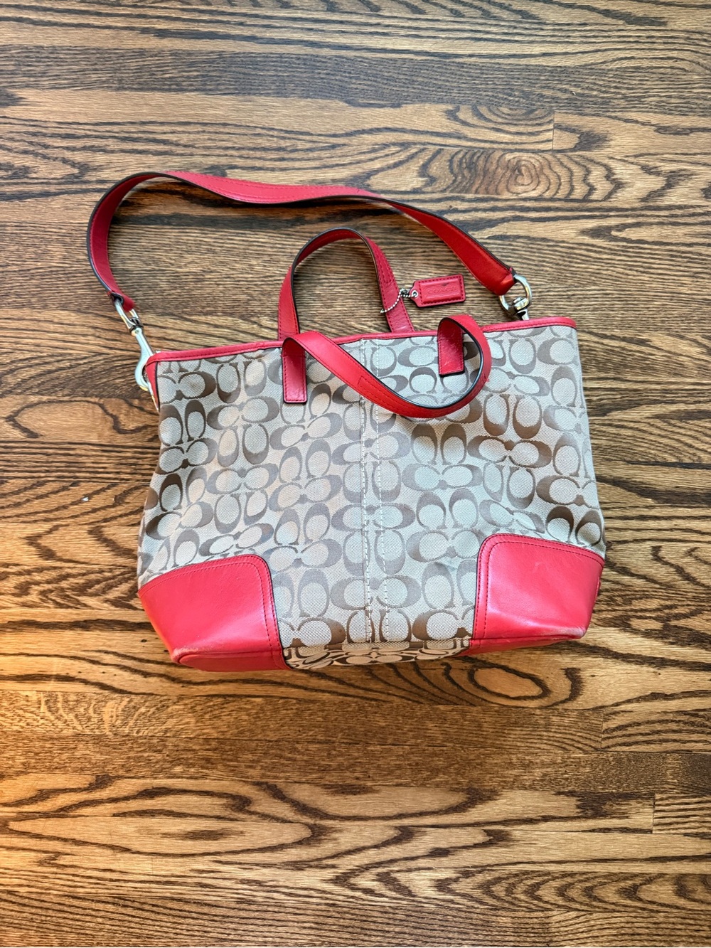 Coach Signature Canvas Tote with Coral-Red Leather Trim